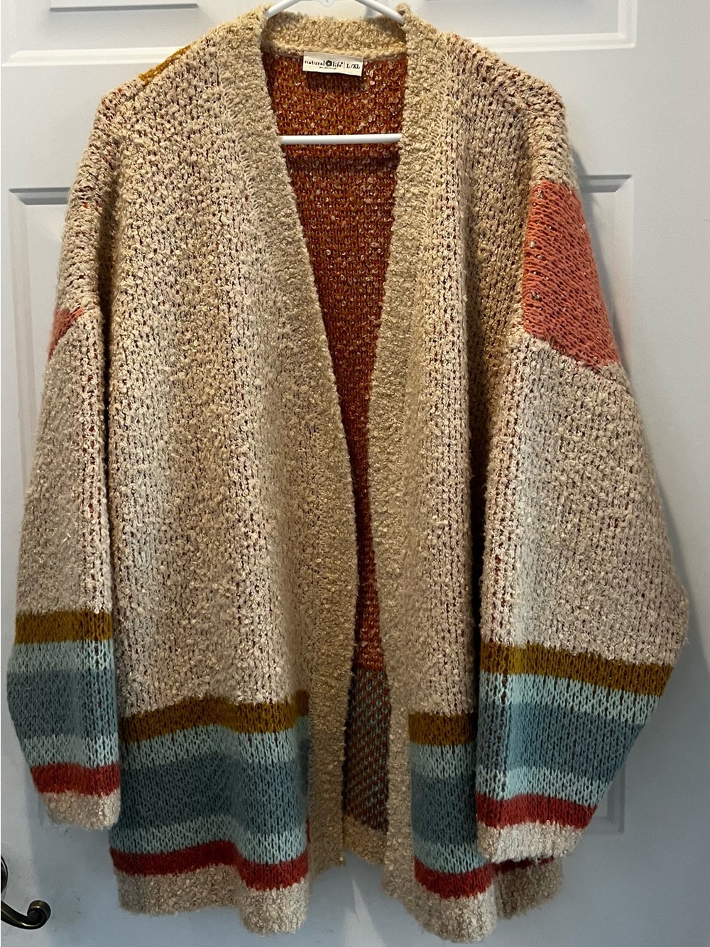 Cozy Open-Front Cardigan Sweater - Beige with Multi-Color Stripes
